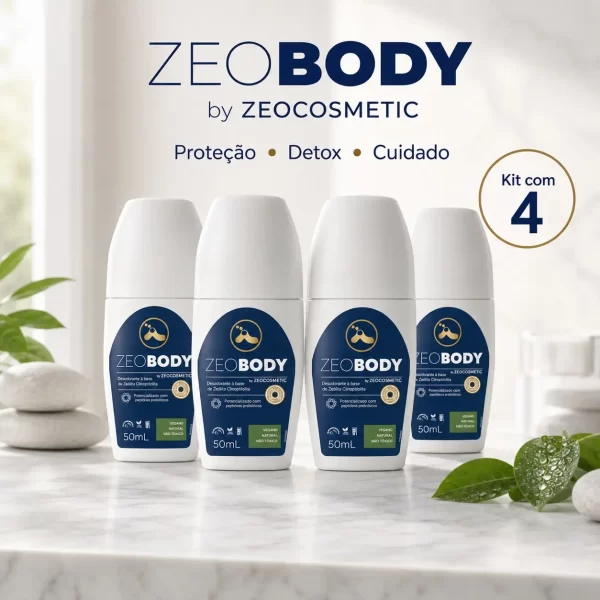 Kit 4x Desodorante Roll-On ZeoBody Detox: Controle Anti-Odor Sem Alumínio
